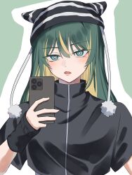 Rule 34 | 1girl, absurdres, blonde hair, blush, cellphone, colored inner hair, commentary, green background, green hair, highres, holding, holding phone, long sleeves, looking at viewer, mole, mole under eye, multicolored hair, open mouth, original, outline, phone, selfie, smartphone, solo, striped clothes, striped headwear, tsukuno tsuki, upper body, white outline