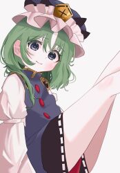 Rule 34 | 1girl, bare legs, black skirt, blue eyes, blue hat, blue vest, blush, buttons, commentary request, eik s2, epaulettes, flat chest, frilled hat, frills, happy, hat, highres, juliet sleeves, legs, long sleeves, looking at viewer, medium hair, miniskirt, puffy sleeves, ribbon-trimmed skirt, ribbon trim, shiki eiki, shirt, sitting, skirt, solo, touhou, vest, white shirt, wide sleeves