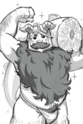 Rule 34 | 1boy, bara, beard, belly, bulge, carrying over shoulder, cowboy shot, dungeon meshi, dwarf, excessive pubic hair, facial hair, fake horns, fat, fat man, flexing, food, fundoshi, greyscale, helmet, highres, horned helmet, horns, japanese clothes, long beard, looking at viewer, male focus, meat, milo (getingko), monochrome, mustache, pubic hair, senshi (dungeon meshi), solo, sparkle, thick mustache, thick thighs, thighs, topless male, unfinished, very long beard