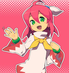 Rule 34 | 1girl, final fantasy, final fantasy fables, green bracelet, green eyes, looking at viewer, metata, neckerchief, pink background, pink hair, robe, shirma, solo, waving, white mage (final fantasy), white robe, yellow neckerchief