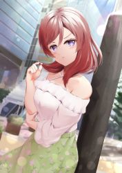 Rule 34 | 1girl, :t, bare shoulders, blush, breasts, closed mouth, day, floral print, green skirt, hayaoki (asagi-iro seishun-bu), highres, holding own arm, lens flare, long sleeves, looking at viewer, love live!, love live! school idol project, medium breasts, medium hair, nishikino maki, off-shoulder shirt, off shoulder, outdoors, playing with own hair, pout, purple eyes, red hair, shirt, skirt, solo, standing, v-shaped eyebrows, waiting, white shirt
