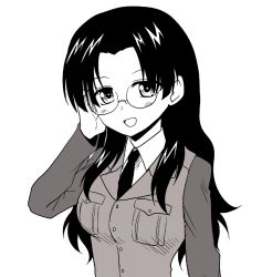 Rule 34 | 1girl, :d, alternate costume, black hair, black jacket, black necktie, blush, breast pocket, dress shirt, fukuda haru, girls und panzer, glasses, greyscale, hair down, hand in own hair, jacket, kamishima kanon, long sleeves, looking at viewer, monochrome, necktie, aged up, open mouth, pocket, selection university military uniform, shirt, simple background, smile, solo, upper body, white background, white shirt