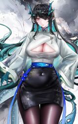 Rule 34 | 1girl, alternate breast size, arknights, arm tattoo, belt, black hair, black pantyhose, blue belt, breasts, chinese clothes, covered navel, cowboy shot, dragon girl, dragon horns, dragon tail, dusk (arknights), earrings, hair over one eye, highres, horns, jewelry, large breasts, long hair, looking at viewer, minuolin, multicolored hair, orange eyes, pantyhose, pointy ears, skin tight, solo, streaked hair, tail, tassel, tassel earrings, tattoo, wide sleeves