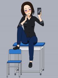 Rule 34 | blush, brand name imitation, brown hair, cellphone, chair, grey background, head tilt, looking at viewer, phone, purple eyes, samsung, samsung sam, simple background, sitting, smartphone, solo, table
