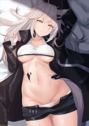 Rule 34 | 1girl, animal ears, arknights, arm up, bad id, bad pixiv id, bed sheet, black coat, black shorts, breasts, cleavage, coat, collarbone, cowboy shot, crop top, fingerless gloves, from above, gloves, groin, hair ornament, hairclip, highres, lappland (arknights), large breasts, long sleeves, looking at viewer, looking up, lying, material growth, mirufuaa, navel, on back, on bed, open clothes, open coat, open fly, open shorts, oripathy lesion (arknights), panties, panty pull, parted lips, pussy, pussy peek, scar, scar across eye, scar on face, shorts, silver hair, smile, solo, stomach, tail, underboob, underwear, white gloves, white panties, yellow eyes