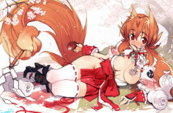 Rule 34 | 1girl, adapted uniform, alcohol, animal ears, arm support, bottle, breasts, brown hair, censored, cherry blossoms, convenient censoring, female focus, fox ears, fox tail, gloves, gohei, japanese clothes, lying, miko, mouth hold, nontraditional miko, on side, open clothes, original, paetals, petals, prehensile hair, prehensile tail, red eyes, sake, sanbasou, solo, tail, thighhighs, white thighhighs