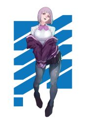 Rule 34 | 1girl, absurdres, black footwear, bow, bowtie, collared shirt, full body, grey pantyhose, gridman universe, highres, jacket, light purple hair, looking at viewer, nemte namih, off shoulder, open mouth, pantyhose, purple bow, purple bowtie, purple eyes, purple jacket, shadow, shinjou akane, shirt, shoes, short hair, smile, solo, ssss.gridman, standing, white shirt