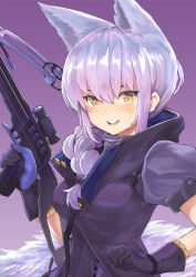 Rule 34 | 1girl, :d, animal ears, arknights, blush, bow (weapon), braid, breasts, brown eyes, commentary, crossbow, gloves, hair between eyes, highres, holding, holding bow (weapon), holding crossbow, holding weapon, jacket, long hair, looking at viewer, medium breasts, mg42cat-k1ng, open mouth, provence (arknights), puffy short sleeves, puffy sleeves, purple background, purple gloves, purple hair, purple jacket, short sleeves, sidelocks, simple background, smile, solo, trigger discipline, upper body, weapon, wolf ears