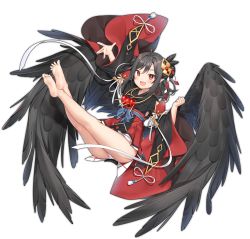 Rule 34 | 1girl, :d, ark order, armpits, bare legs, bare shoulders, black hair, black kimono, black wings, blush, clothing cutout, douya (233), fang, feather hair ornament, feathered wings, feathers, hair ornament, hair ribbon, japanese clothes, jewelry, kimono, long sleeves, magatama, magatama necklace, necklace, official art, open mouth, pointy ears, red eyes, red ribbon, ribbon, shoulder cutout, skin fang, smile, solo, tachi-e, thighhighs, transparent background, wide sleeves, wings, yatagarasu (ark order)