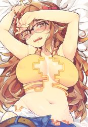 Rule 34 | 1girl, ahoge, bed sheet, blush, breasts, brown eyes, brown hair, denim, dissolving clothes, fate/extra, fate/extra ccc, fate (series), glasses, hand on own forehead, jeans, jinako carigiri, large breasts, long hair, looking at viewer, lying, messy hair, navel, on back, one eye closed, open mouth, panties, pants, solo, tank top, tears, underwear, white panties, yuzuki gao