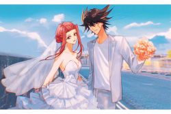Rule 34 | 1boy, 1girl, :d, black hair, blazer, blonde hair, blue eyes, blue sky, border, bouquet, brown eyes, cloud, collarbone, couple, day, dress, facial mark, floating hair, flower, fudo yusei, hair intakes, hetero, highres, holding, holding bouquet, husband and wife, izayoi aki, jacket, layered dress, letterboxed, long dress, long hair, long sleeves, looking at viewer, multicolored hair, naoki (2rzmcaizerails6), open clothes, open jacket, open mouth, outdoors, parted lips, red hair, rose, shirt, short hair with long locks, sky, smile, spiked hair, strapless, strapless dress, two-tone hair, veil, wedding dress, white border, white dress, white jacket, white shirt, yu-gi-oh!, yu-gi-oh! 5d&#039;s