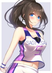 Rule 34 | 1girl, absurdres, bare arms, bare shoulders, blue eyes, blurry, blush, breasts, brown hair, cleavage, closed mouth, clothes writing, collarbone, commentary request, floating hair, go-1, highres, idolmaster, idolmaster cinderella girls, large breasts, long hair, looking at viewer, midriff, navel, ponytail, sagisawa fumika, shirt, shorts, sidelocks, sleeveless, sleeveless shirt, smile, solo, sportswear, sweatband, upper body, white shirt, white shorts