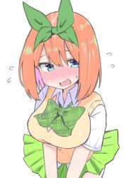 Rule 34 | 1girl, blue eyes, blush, bow, breasts, collared shirt, commentary request, eyebrows hidden by hair, flying sweatdrops, go-toubun no hanayome, green bow, green ribbon, green skirt, hair between eyes, hair ribbon, highres, kujou karasuma, large breasts, looking at viewer, nakano yotsuba, nose blush, open mouth, pleated skirt, ribbon, shirt, short sleeves, simple background, skirt, solo, sweat, sweater vest, wavy mouth, white background, white shirt