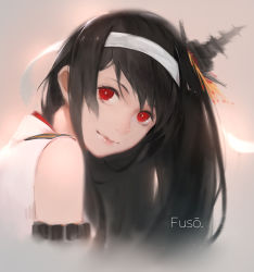 Rule 34 | 10s, 1girl, bare shoulders, black hair, bow, character name, fusou (kancolle), hair bow, kantai collection, lips, long hair, looking back, patricia (stylish marunage), red eyes, smile, sola7764, solo