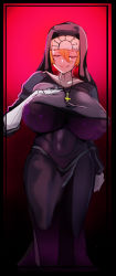 Rule 34 | 1girl, black border, blonde hair, border, breasts, closed eyes, covered erect nipples, covered navel, cross, cross necklace, double (skullgirls), facing viewer, full body, gloves, highres, jewelry, kakedashi3000, large breasts, lips, necklace, nun, parted lips, skullgirls, smile, solo, standing, wwwazxc