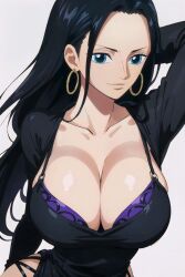 Rule 34 | 1girl, big nose, black hair, blue eyes, breasts, cleavage, earrings, jewelry, large breasts, long hair, nico robin, olroxai, one piece, plunging neckline, smile, suspenders, upper body