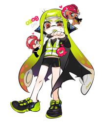 Rule 34 | 1boy, 2girls, agent 3 (splatoon), agent 8 (splatoon), bike shorts, black cape, cape, commentary request, dark-skinned female, dark skin, date pun, full body, green hair, headphones, heart, highres, inkling, inkling girl, inkling player character, korean commentary, long hair, mini person, miniboy, minigirl, mir0 damgom, multiple girls, nintendo, number pun, octoling, octoling boy, octoling girl, octoling player character, open mouth, orange eyes, red hair, shoes, simple background, splatoon (series), standing, teeth, tentacle hair, thick eyebrows, v-shaped eyebrows, white background