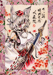 Rule 34 | 1girl, animal ear fluff, animal ears, bare shoulders, border, breasts, calligraphy, cowboy shot, detached sleeves, drawing sword, floral print, flower, hat, highres, holding, holding sheath, holding sword, holding weapon, impossible clothes, inubashiri momiji, kabaji, large breasts, layered sleeves, leaf, long sleeves, maple leaf, midriff, peony (flower), pom pom (clothes), red eyes, red hat, red skirt, ribbon-trimmed sleeves, ribbon trim, sheath, shirt, short hair, skirt, sleeveless, sleeveless shirt, solo, sword, tail, tokin hat, touhou, traditional media, turtleneck, weapon, white hair, white shirt, wide sleeves, wolf ears, wolf tail