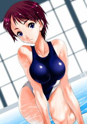 Rule 34 | 1girl, blue eyes, breasts squeezed together, breasts, caustics, competition swimsuit, dutch angle, indoors, large breasts, leaning forward, legs, looking at viewer, one-piece swimsuit, pool, pool ladder, red hair, shinama, short hair, solo, swimsuit, thighs, water, wet, window
