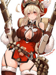Rule 34 | 1girl, aged up, ahoge, alternate breast size, backpack, bag, bare shoulders, breasts, brown dress, brown gloves, cleavage, cleavage cutout, clothing cutout, clover print, commentary, cowboy shot, crossed bangs, dishwasher1910, dress, dual wielding, english commentary, eyelashes, fur-trimmed legwear, fur-trimmed sleeves, fur trim, garter straps, genshin impact, gloves, goggles, goggles on headwear, gun, hair between eyes, hands up, hat, hat feather, highres, holding, holding gun, holding weapon, klee (genshin impact), long hair, long sleeves, looking at viewer, parted lips, pointy ears, red eyes, red hat, sidelocks, simple background, skindentation, solo, teeth, thick thighs, thighhighs, thighs, twitter username, upper teeth only, weapon, yellow eyes