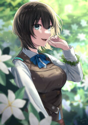 Rule 34 | 1girl, absurdres, aoi erika, blue eyes, blurry, blurry background, blurry foreground, bow, bowtie, bracelet, breasts, brown hair, buttons, collared shirt, double-breasted, flower, hand up, heaven burns red, highres, jewelry, large breasts, leaf, leaf bracelet, long sleeves, looking at viewer, nil (pixiv 53614557), open mouth, shirt, short hair, smile, solo, vest