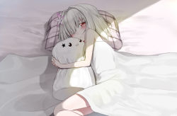 Rule 34 | 1boy, :3, bare shoulders, bed, blush, cover, curled up, erubo, food, hair ornament, lying, male focus, marshmallow, non-web source, hugging object, on side, one eye closed, original, pillow, pillow hug, red eyes, short hair, silver hair, solo, trap, wink, yohane bonaventura