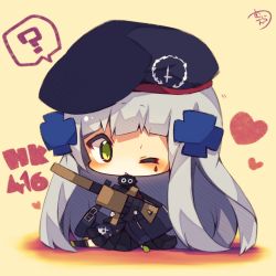 Rule 34 | 1girl, ?, assault rifle, beret, black skirt, black thighhighs, blue hat, blue jacket, blush, character name, chibi, commentary request, facial mark, girls&#039; frontline, gloves, green eyes, green footwear, gun, h&amp;k hk416, hair ornament, hat, heart, heckler &amp; koch, highres, hk416 (girls&#039; frontline), holding, holding gun, holding weapon, jacket, long hair, long sleeves, looking at viewer, muuran, name connection, object namesake, one eye closed, parted lips, pleated skirt, rifle, signature, silver hair, sitting, skirt, solo, spoken question mark, thighhighs, very long hair, weapon, white gloves