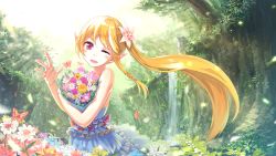 Rule 34 | 1girl, ;d, blonde hair, blue dress, bouquet, bug, butterfly, dress, field, floating hair, flower, flower field, frilled dress, frills, hair flower, hair ornament, head tilt, highres, holding, holding bouquet, bug, kamome yuu, layered dress, long hair, looking at viewer, one eye closed, open mouth, original, outdoors, pointy ears, red eyes, sleeveless, sleeveless dress, smile, solo, standing, sundress, very long hair, water, waterfall