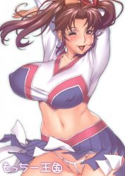 Rule 34 | 1girl, breasts, brown eyes, brown hair, cheerleader, clothes lift, covered erect nipples, curvy, female focus, gradient background, large breasts, mature female, midriff, mole, motchie, one eye closed, open mouth, panties, skirt, skirt lift, smile, solo, thong, twintails, underwear, white background, wink