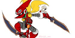 Rule 34 | 1boy, android, armor, blue eyes, brandish (mighty no. 9), helmet, joints, male focus, brandish (mighty no. 9), mighty no. 9, no humans, red theme, robot, robot joints, scarf, simple background, solo, sword, weapon, white background