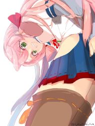Rule 34 | 10s, 1girl, akashi (kancolle), bandana, green eyes, kantai collection, long hair, md5 mismatch, on (ramen), open mouth, pink hair, resized, resolution mismatch, skirt, smile, solo, source larger, thighhighs, twitter username, uniform