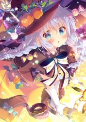 Rule 34 | 1girl, alternate hairstyle, blue eyes, blue hair, blush, bow, bowtie, braid, broom, broom riding, candy, capelet, checkerboard cookie, commentary request, cookie, doughnut, food, gloves, gochuumon wa usagi desu ka?, halloween, halloween costume, hat, hat ornament, kafuu chino, lollipop, long hair, looking at viewer, mitsumomo mamu, open mouth, plant, pumpkin, skirt, solo, twin braids, vines, white gloves, witch hat