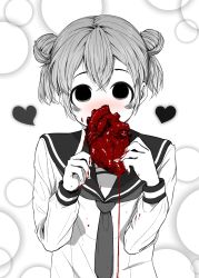 Rule 34 | 1girl, 4shi, bags under eyes, blood, blood on clothes, blood on hands, blush, closed mouth, commentary request, covering privates, covering breasts, dango-chan (4shi), double bun, dripping, greyscale, hair bun, hands up, heart, heart (organ), highres, holding, holding heart, holding organ, hollow eyes, long sleeves, looking at viewer, monochrome, neckerchief, nose blush, original, sailor collar, school uniform, serafuku, short hair, solo, spot color, upper body, upturned eyes