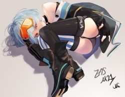 Rule 34 | 1girl, absurdres, asymmetrical legwear, bad id, bad twitter id, bare shoulders, blue hair, boots, character name, choker, collarbone, dress, earrings, eyewear on head, fingerless gloves, girls&#039; frontline, gloves, goggles, goggles on head, highres, jewelry, korean commentary, looking at viewer, lying, mii (0rnin), mismatched legwear, nail polish, on side, orange eyes, short hair, signature, simple background, solo, striped clothes, striped thighhighs, thighhighs, translation request, vertical-striped clothes, vertical-striped thighhighs, zas m21 (girls&#039; frontline)