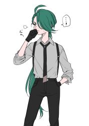 Rule 34 | ...!, 1girl, absurdres, ahoge, androgynous, asymmetrical bangs, belt, black belt, black gloves, black pants, blush, closed mouth, collared shirt, commentary request, creatures (company), game freak, gloves, green hair, grey shirt, hair between eyes, hand to own mouth, highres, kashikaze, long hair, long sleeves, necktie, nintendo, pants, pokemon, pokemon sv, red eyes, rika (pokemon), shirt, solo, speech bubble, very long hair