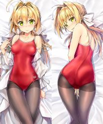 Rule 34 | 1girl, ahoge, ass, between legs, black pantyhose, blush, bow, braid, brand name imitation, breasts, clothes writing, collarbone, competition school swimsuit, competition swimsuit, cowboy shot, crown braid, dakimakura (medium), dress, earrings, embarrassed, fate/grand order, fate (series), flower, from above, from behind, hair intakes, hairband, hand between legs, highres, jewelry, koyuki (kotatsu358), long hair, looking at viewer, looking back, lying, messy hair, multiple views, nero claudius (fate), nero claudius (fate) (all), nero claudius (swimsuit caster) (fate), nero claudius (swimsuit caster) (third ascension) (fate), nose blush, on back, on stomach, one-piece swimsuit, open mouth, pantyhose, pantyhose under swimsuit, puffy sleeves, raised eyebrows, red one-piece swimsuit, rose, school swimsuit, small breasts, strapless, strapless dress, sweat, swimsuit, thigh gap, thighband pantyhose, undressing, wavy mouth, white bow, white flower, white rose