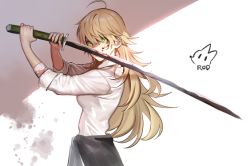 Rule 34 | 1girl, ahoge, artist name, bad id, bad twitter id, blonde hair, blood, blood on clothes, blood on face, bloody weapon, commentary request, green eyes, hoshii miki, idolmaster, idolmaster (classic), katana, korean text, long hair, rod (rod4817), solo, sword, weapon