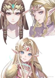 Rule 34 | 1girl, armor, bead necklace, beads, blonde hair, blue eyes, brown hair, crown, dress, earrings, gem, grey ribbon, hair ribbon, highres, jewelry, looking at viewer, necklace, nintendo, one eye closed, parted bangs, parted lips, pink dress, pointing, pointy ears, portrait, princess zelda, ribbon, serious, shoulder armor, shuri (84k), sidelocks, smile, the legend of zelda, the legend of zelda: a link between worlds, the legend of zelda: ocarina of time, the legend of zelda: twilight princess, triforce earrings, upper body, variations, white background