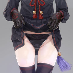 Rule 34 | 10s, bell, chikujouin magane, clothes lift, flashing, gloves, groin, jingle bell, lifted by self, long hair, panties, pentagram, pleated skirt, re:creators, school uniform, simple background, skindentation, skirt, skirt lift, solo, thigh gap, thighhighs, underwear, yamaishi (mukoubuti)