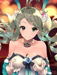 Rule 34 | 1girl, antenna hair, artist request, bad id, bad twitter id, bare shoulders, breasts, cleavage, commentary request, de la fille, detached collar, dress, drill hair, elbow gloves, gem, gloves, grabbing own breast, granblue fantasy, green eyes, green hair, hair ornament, jewelry, large breasts, long hair, looking at viewer, smile, solo, strapless, strapless dress, swept bangs, tagme, twin drills, twintails, twitter username, upper body, watermark, white dress, white gloves
