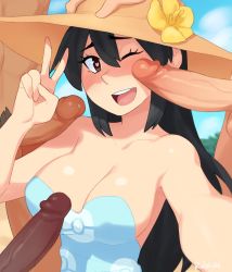 Rule 34 | 1girl, 3boys, :d, artist name, bare shoulders, black hair, blue one-piece swimsuit, breasts, cleavage, commentary, creatures (company), dark-skinned male, dark skin, day, english commentary, flower, foreshortening, game freak, hair between eyes, hand on another&#039;s head, hat, hat flower, heart, heart in eye, hetero, highres, large breasts, long hair, male pubic hair, multiple boys, nintendo, one-piece swimsuit, one eye closed, open mouth, outdoors, penis, pokemon, pokemon sm, pubic hair, red eyes, rob ishi, selfie, shiny skin, sightseer (pokemon), smile, sun hat, swimsuit, symbol in eye, teeth, uncensored, upper teeth only, yellow flower