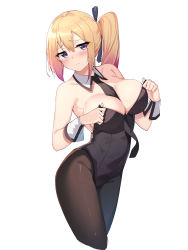 Rule 34 | 1girl, absurdres, bad id, bad pixiv id, bare arms, bare shoulders, between breasts, black leotard, blonde hair, blush, breasts, brown pantyhose, cleavage, closed mouth, covered navel, cropped legs, detached collar, frown, gradient hair, groin, hair ribbon, highleg, highleg leotard, highres, kawakami mai, large breasts, leotard, long hair, looking at viewer, mole, mole under eye, multicolored hair, musaigen no phantom world, necktie, no bra, pantyhose, playboy bunny, purple eyes, ribbon, side ponytail, simple background, solo, strapless, strapless leotard, white background, wrist cuffs, ziro (zirorong)