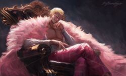 Rule 34 | 1boy, arm up, blonde hair, capri pants, character name, coat, crossed legs, dark background, donquixote doflamingo, feather coat, feet out of frame, gremlik, hand on own chin, highres, male focus, one piece, open clothes, pants, pectorals, pink coat, shirt, short hair, sitting, smile, smiley face, sunglasses, thread, throne, white shirt