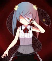 Rule 34 | 1girl, bandages, blood, blue hair, dress, female focus, gradient background, hair ornament, long hair, monster girl, original, scar, senkyoku niban, smile, snake, solo, stitches, twintails, yellow eyes