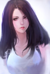 Rule 34 | 1990s (style), 1girl, black hair, breasts, brown eyes, chaosringen, eyebrows, eyelashes, female focus, final fantasy, final fantasy vii, gradient background, highres, large breasts, lips, long hair, looking at viewer, nose, parted lips, realistic, retro artstyle, signature, solo, suspenders, tifa lockhart, upper body