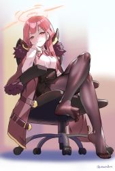 Rule 34 | 1girl, aru (blue archive), blue archive, blush, chair, crossed legs, feet, head rest, highres, long hair, looking at viewer, office chair, pantyhose, parted lips, pink eyes, pink hair, sitting, smile, soles, swivel chair, toes