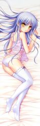 Rule 34 | 10s, 1girl, angel beats!, ass, bare shoulders, blue eyes, camisole, dakimakura (medium), highres, lingerie, long hair, looking at viewer, looking back, lying, na-ga, no shoes, on stomach, panties, solo, tenshi (angel beats!), thighhighs, underwear, white panties, white thighhighs, yellow eyes