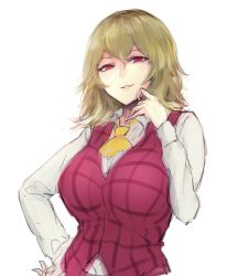 Rule 34 | 1girl, ascot, bad id, bad tumblr id, blonde hair, breasts, collared shirt, hair between eyes, hand on own hip, hand on own face, highres, hometa, kazami yuuka, large breasts, long sleeves, looking at viewer, medium hair, parted lips, red eyes, shirt, simple background, smirk, solo, standing, touhou, upper body, white background, white shirt, yellow ascot