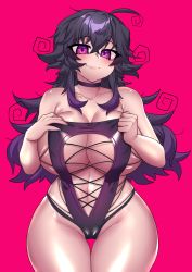 Rule 34 | 1girl, absurdres, ahoge, blush, breasts, commentary, crawling dreams, curvy, english commentary, fishnet swimsuit, highres, huge breasts, long hair, looking at viewer, messy hair, naughty face, nyarla (osiimi), one-piece swimsuit, osiimi, pink background, purple eyes, purple hair, simple background, slingshot swimsuit, smile, swimsuit, thick thighs, thigh gap, thighs, very long hair, wide hips