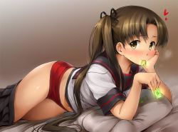 Rule 34 | 10s, 1girl, ayanami (kancolle), ayanami kai ni (kancolle), bed sheet, blush, brown eyes, brown hair, buruma, condom, condom in mouth, condom wrapper, glowing, gradient background, hair ribbon, hand on own cheek, hand on own face, heart, kantai collection, long hair, looking at viewer, lying, mouth hold, navel, pillow, ribbon, school uniform, serafuku, shinozuka jouji, side ponytail, simple background, skirt, smile, solo